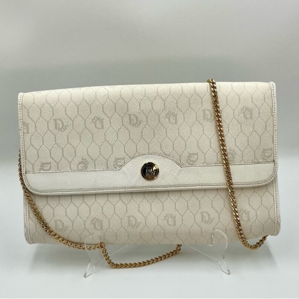 Vintage Christian Dior Honeycomb Monogram Chain Wallet Clutch Off White